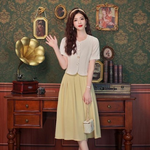JINPEI 여성 엘레강스 투피스 컴포트 반팔 재킷 스커트 상하의세트