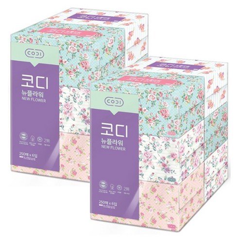코디 뉴플라워 천연펄프 미용티슈 250매, 250개입, 12개