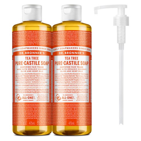 닥터브로너스 티트리 퓨어 캐스틸 솝 세안 바디 클렌저 475ml x 2 + 펌프, 4개