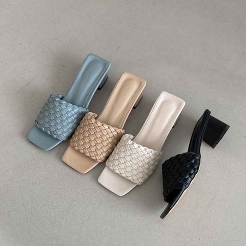 격자 위빙 짜임 스퀘어토 미들 슬리퍼 뮬 4cm