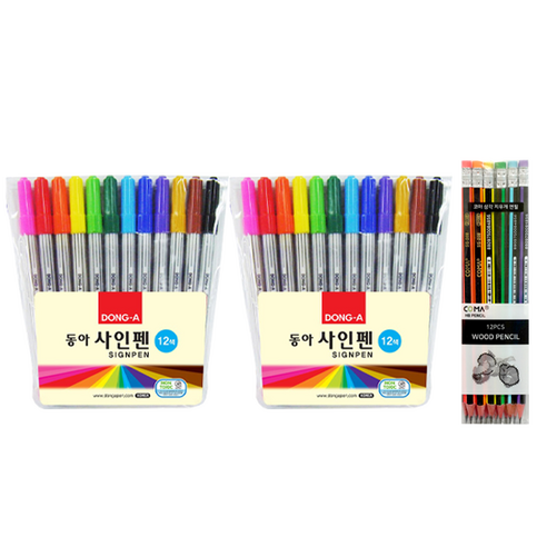 동아 사인펜 12색 2p + 투코비 삼각 지우개 연필 SG-208 6종 x 2p, 혼합색상, 1세트