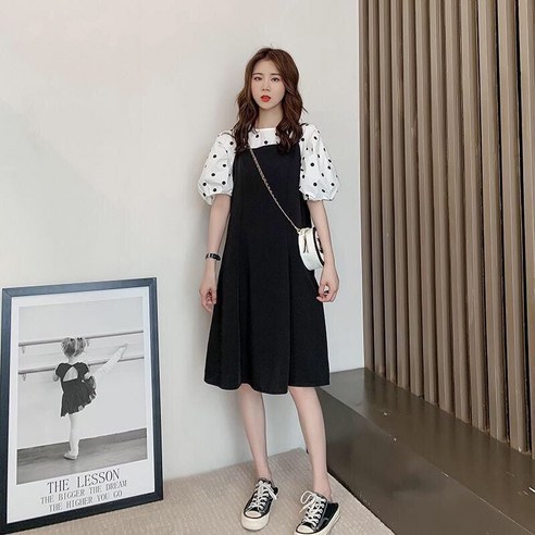땡땡이 퍼프 티셔츠 뷔스티에 원피스 세트