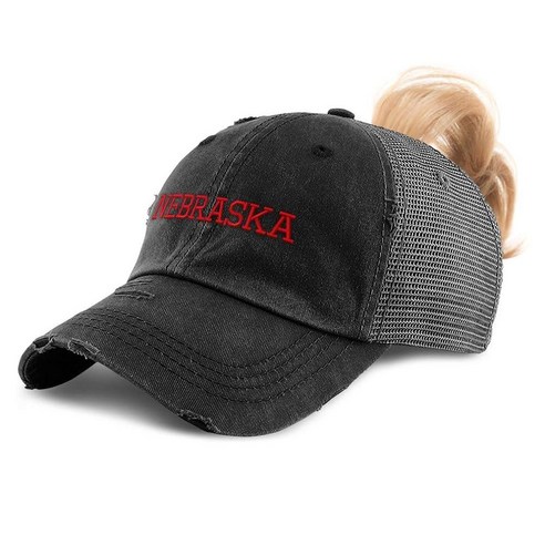 Womens Ponytail Cap Nebraska State USA America B Embroidery Cotton Distressed Trucker Hats Strap Clo, 블랙 디자인 전용