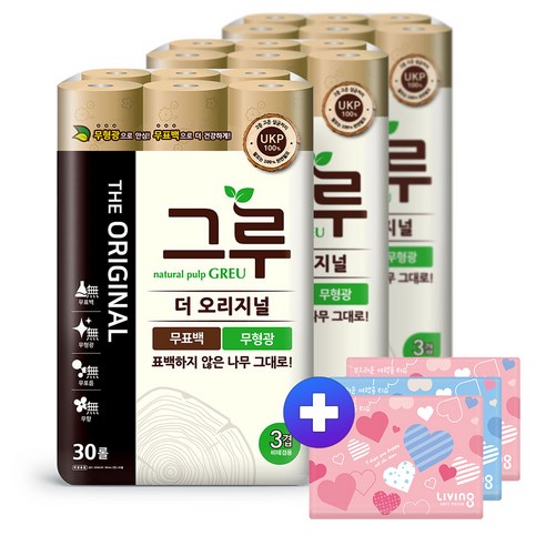 [KT알파쇼핑]그루 더 오리지널 3겹 UKP 화장지 30m 30롤 3팩 +여행용 티슈 40매 3개, 기본상품, [단일상품]