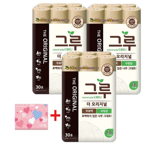 삼정펄프 3겹 그루 오리지널 화장지 30m*30롤 3팩 + 여행용티슈40매, 1세트, 30개입