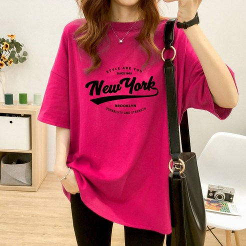 스타일아유 여성 면100% 여름용 오버핏 반팔 티셔츠 순면 빅사이즈 원작 Newyork 레터링 루즈핏 반팔티 롱티 자체제작