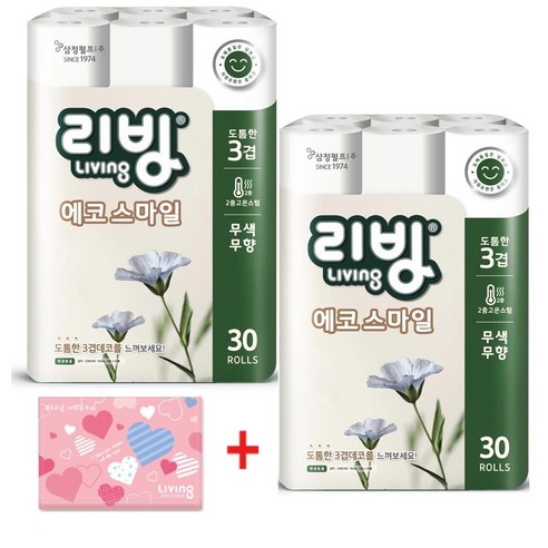 삼정 리빙 에코 스마일 화장지 3겹 22m*30롤 2팩 + 여행용티슈 40매, 1세트, 60개입, 22mm