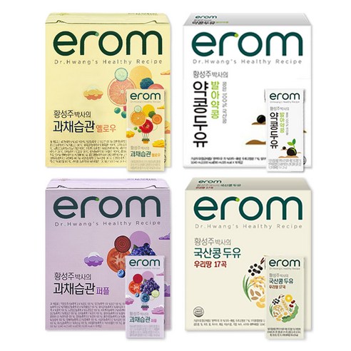 이롬erom 웰빙음료 4종 과채습관(옐로우1 퍼플1) 국산콩두유(발아약콩1 우리땅17곡1) 4BOX, 64개, 190ml