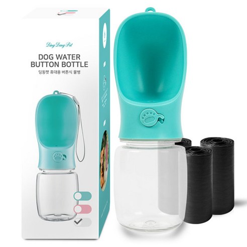 딩동펫 반려동물 휴대용 버튼식 물병 350ml + 풉백 3롤, 화이트, 1개