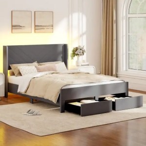 King Size Bed Frame with LED Lights Dutch Velvet Upholstered Platform Bed-Grey King Size Bed Frame with LED Lights Dutch Velvet Upholstered Platform Bed-Grey
