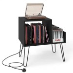 Record Player Stand with Power Outlet and Removable Dividers-Black Record Player Stand with Power Outlet and Removable Dividers-Black