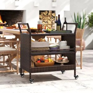 Outdoor Bar Cart 3-Tier Patio Rattan Shelf with Lockable Universal Wheels & Side Handles 86 x 50 x 89 cm Outdoor Bar Cart 3-Tier Patio Rattan Shelf with Lockable Universal Wheels & Side Handles 86 x 50 x 89 cm