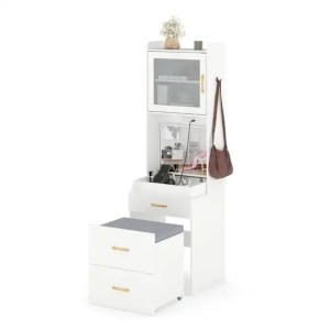 Vanity Desk with Flip-up Mirror and Movable Storage Stool-White Vanity Desk with Flip-up Mirror and Movable Storage Stool-White