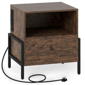 Nightstand with Charging Station 3-Tier Bedside Table with Drawer-Brown Nightstand with Charging Station 3-Tier Bedside Table with Drawer-Brown