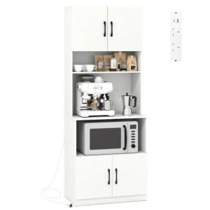 Pantry Cabinet with Power Outlets Freestanding Narrow Kitchen Hutch with 4 Doors-White Pantry Cabinet with Power Outlets Freestanding Narrow Kitchen Hutch with 4 Doors-White
