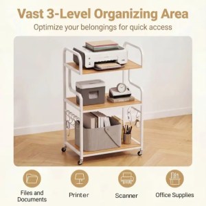 Office Printer Stand with Wheels, 3-Tier Storage Cart with 10 Hooks, Natural Wood Office Printer Stand with Wheels, 3-Tier Storage Cart with 10 Hooks, Natural Wood