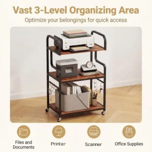 Office Printer Stand with Wheels, 3-Shelf Storage Cart with 10 Hooks Brown Office Printer Stand with Wheels, 3-Shelf Storage Cart with 10 Hooks Brown