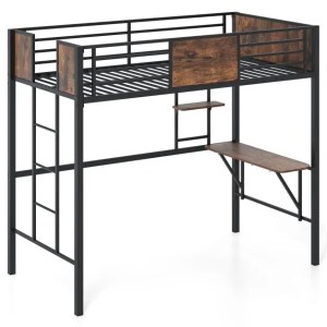 Loft Bed Single Size Heavy Duty Metal Bedframe with Desk-Rustic Brown Loft Bed Single Size Heavy Duty Metal Bedframe with Desk-Rustic Brown