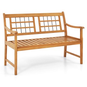 Patio Acacia Wood Bench with Curved Armrests Slatted Seat and Backrest Patio Acacia Wood Bench with Curved Armrests Slatted Seat and Backrest