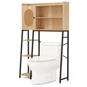 Over The Toilet Storage Cabinet with PE Rattan Door and Open Storage Shelves-Natural Over The Toilet Storage Cabinet with PE Rattan Door and Open Storage Shelves-Natural