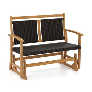 Patio Rattan Glider Bench for 2 with Acacia Wood Frame and Wicker Seat Back Patio Rattan Glider Bench for 2 with Acacia Wood Frame and Wicker Seat Back