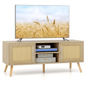 PE Rattan Media Console Table with 2 Cabinets and Open Shelves PE Rattan Media Console Table with 2 Cabinets and Open Shelves