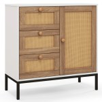 Rattan Sideboard Buffet Cabinet with 1 Door and 3 Drawers-White Rattan Sideboard Buffet Cabinet with 1 Door and 3 Drawers-White