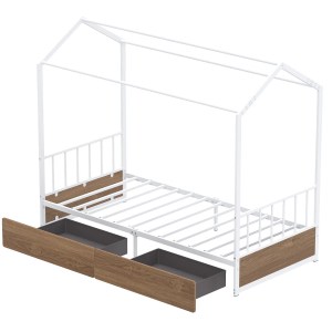 Single Size House Bed with 2 Drawers and Roof for Kids-Natural Single Size House Bed with 2 Drawers and Roof for Kids-Natural