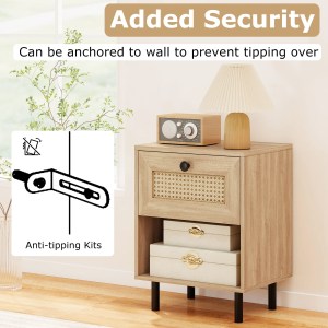 Rattan Nightstand with Drawer and Open Storage Shelf for Living Room Set of 2-Natural Rattan Nightstand with Drawer and Open Storage Shelf for Living Room Set of 2-Natural