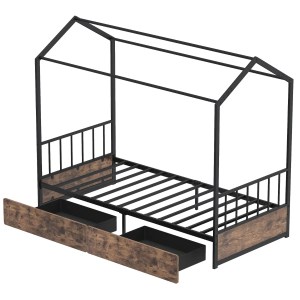 Single Size House Bed with 2 Drawers and Roof for Kids-Rustic Brown Single Size House Bed with 2 Drawers and Roof for Kids-Rustic Brown
