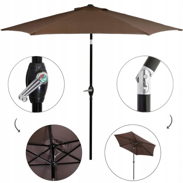 GARDEN UMBRELLA BROKEN FOLDING LARGE SOLID BROWN STRONG 260cm WITH CRANK