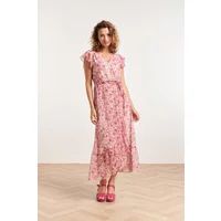 Smashed Lemon 24307 wikkelstijl maxi jurk van chiffon met fuchsialime Wit M