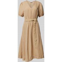 Esprit Midi-jurk van een mix van linnen en viscose met strikceintuur Beige