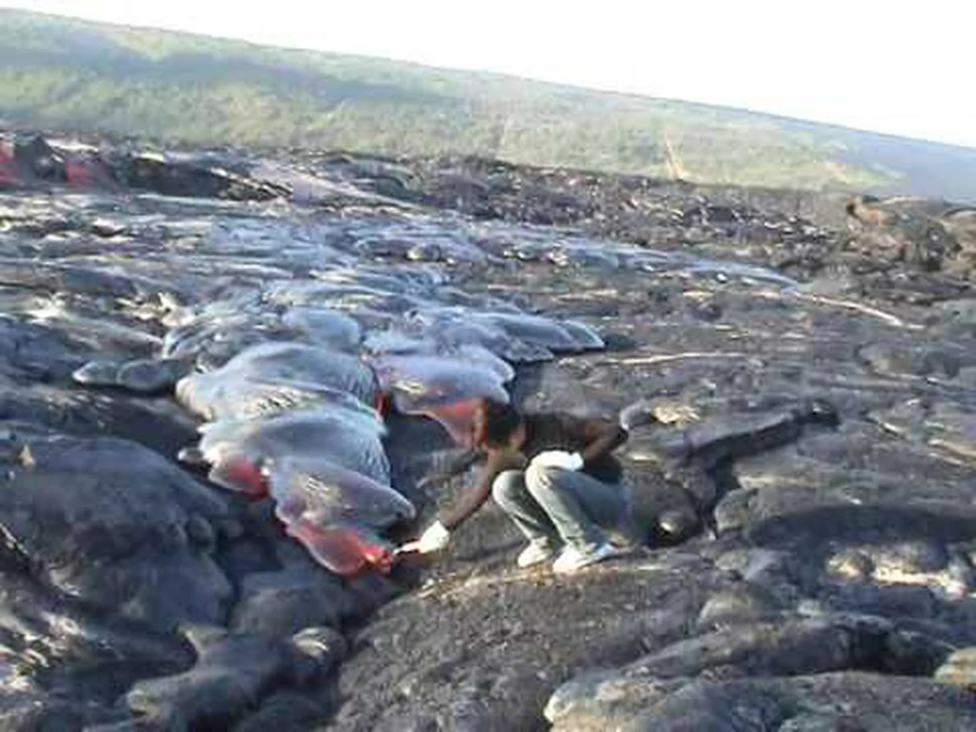 火山の側面にある緑色の溶岩の警告 火山の側面にある緑色の溶岩の警告