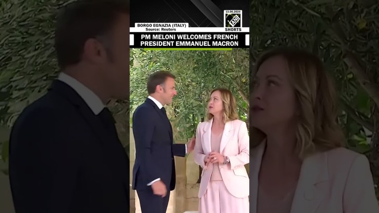 G7 Summit Italia: Italian Prime Minister Georgia Meloni welcomes French President Emmanuel Macron G7 Summit Italia: Italian Prime Minister Georgia Meloni welcomes French President Emmanuel Macron