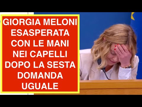 GIORGIA MELONI ESASPERATA CON LE MANI NEI CAPELLI DOPO LA SESTA DOMANDA UGUALE GIORGIA MELONI ESASPERATA CON LE MANI NEI CAPELLI DOPO LA SESTA DOMANDA UGUALE