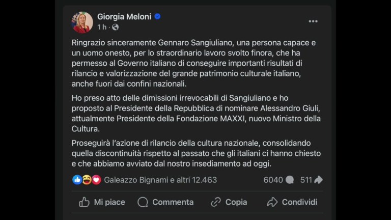 SANGIULIANO SI È DIMESSO, LA DICHIARAZIONE DI GIORGIA MELONI SUI SOCIAL SANGIULIANO SI È DIMESSO, LA DICHIARAZIONE DI GIORGIA MELONI SUI SOCIAL