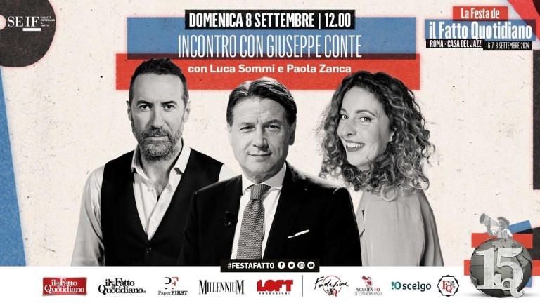 Luca Sommi e Paola Zanca incontrano Giuseppe Conte alla festa del Fatto Luca Sommi e Paola Zanca incontrano Giuseppe Conte alla festa del Fatto