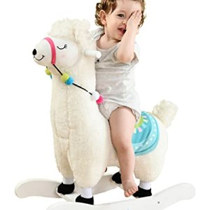 labebe Baby Rocking Horse – White Alpaca Baby Plush Rocker Toys, Plush Wooden Riding Horse for 1-3
