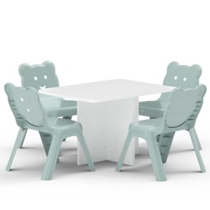 Mahmayi Kids’ Playroom Furniture Combo Set – 1 White Table(80X50) and 4 Light Grey Plastic Chairs