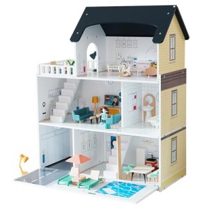 LANGWEI Wooden Doll House, Large 3-Story DIY Castle Doll House with Furnitures, Mini House Building