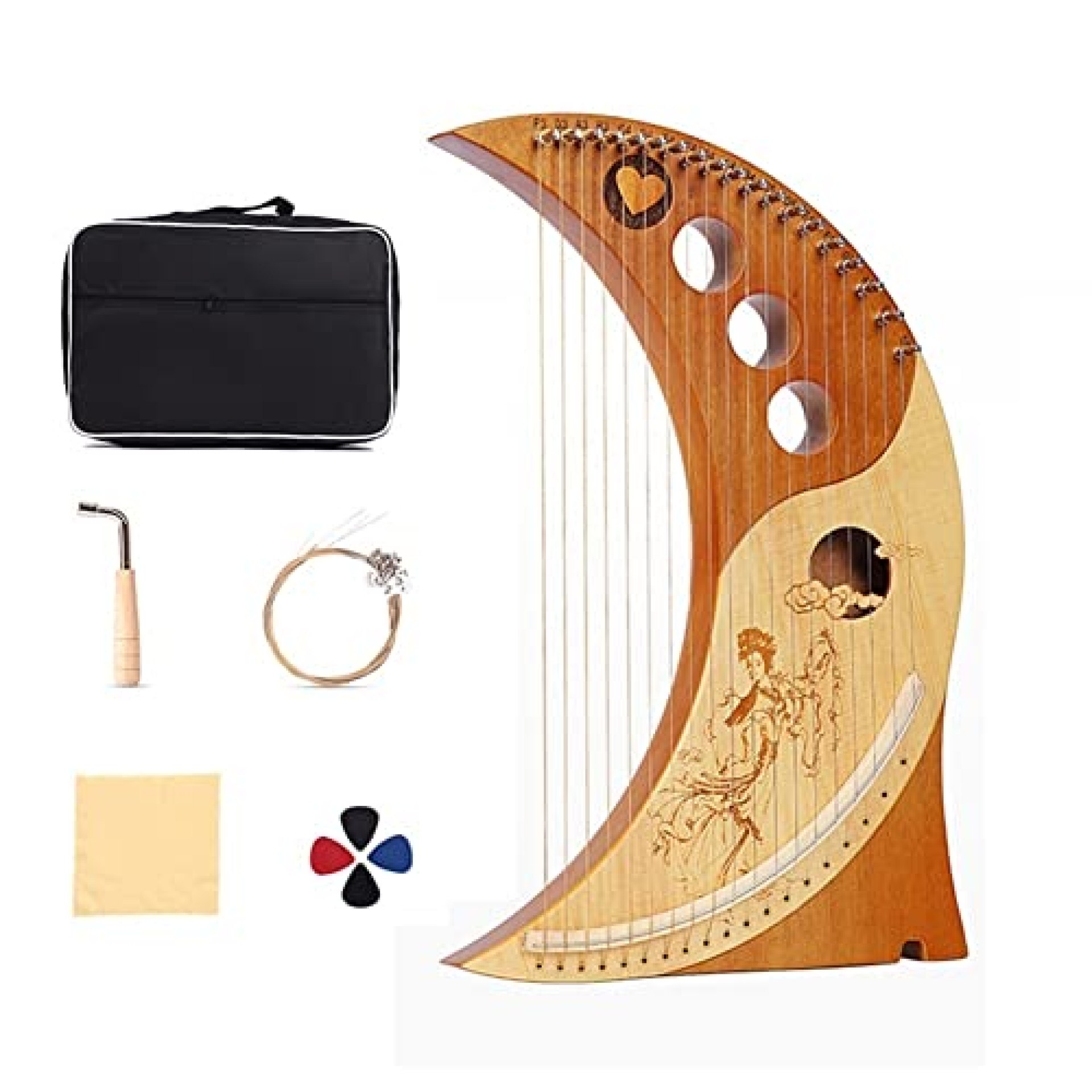 19 String Lyre Harp, Metal Strings Wooden Lyre Harp Instrument with Tunning Wrench Spare String 19 String Lyre Harp, Metal Strings Wooden Lyre Harp Instrument with Tunning Wrench Spare String