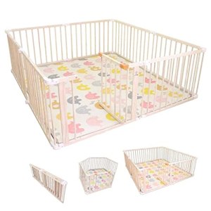 Protection Playpen Boys Girls Safety Play Yard Foldable Large Wooden Baby Game Fence with Door And