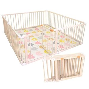 Protection Playpen Large Wood Safety Baby Play Yard with Gate & Mat – Folding Activity Center Play
