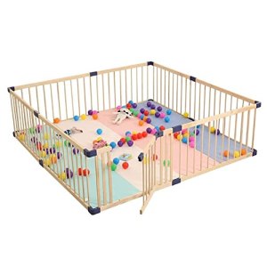 Protection Playpen Extra Large Wood Baby with Gate & Mat – Infants Activity Center Safety Play