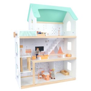 LANGWEI Doll House, Large 3-Story Dollhouse W/ 3 Dolls, Play House Toy with Free Lifting Escalator &