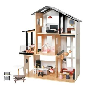 KIDSAVIA® – Modern Family Dollhouse with Realistic Design(80cm Tall) with 7 Rooms & 3 Floors -Wooden
