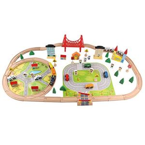 JW-YZWJ Children’s Wooden Small Train Rail Car Toy Wooden 82PCS Puzzle Transportation Train Set