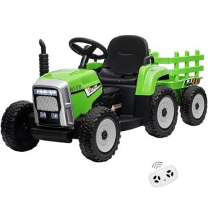 Kids Ride On Tractor with Green Trailer & Remote Control, 12V Toddler Battery Powered Electric