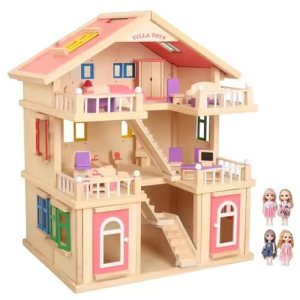 LANGWEI Wooden Doll House, Large 3-Story DIY Castle Doll House with 4 Dolls, Mini House Building Kit